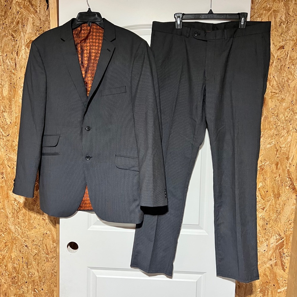 Ben Sherman Mens 46L W39 100% Wool Pinstripe Suit Charcoal Grey Orange Lining